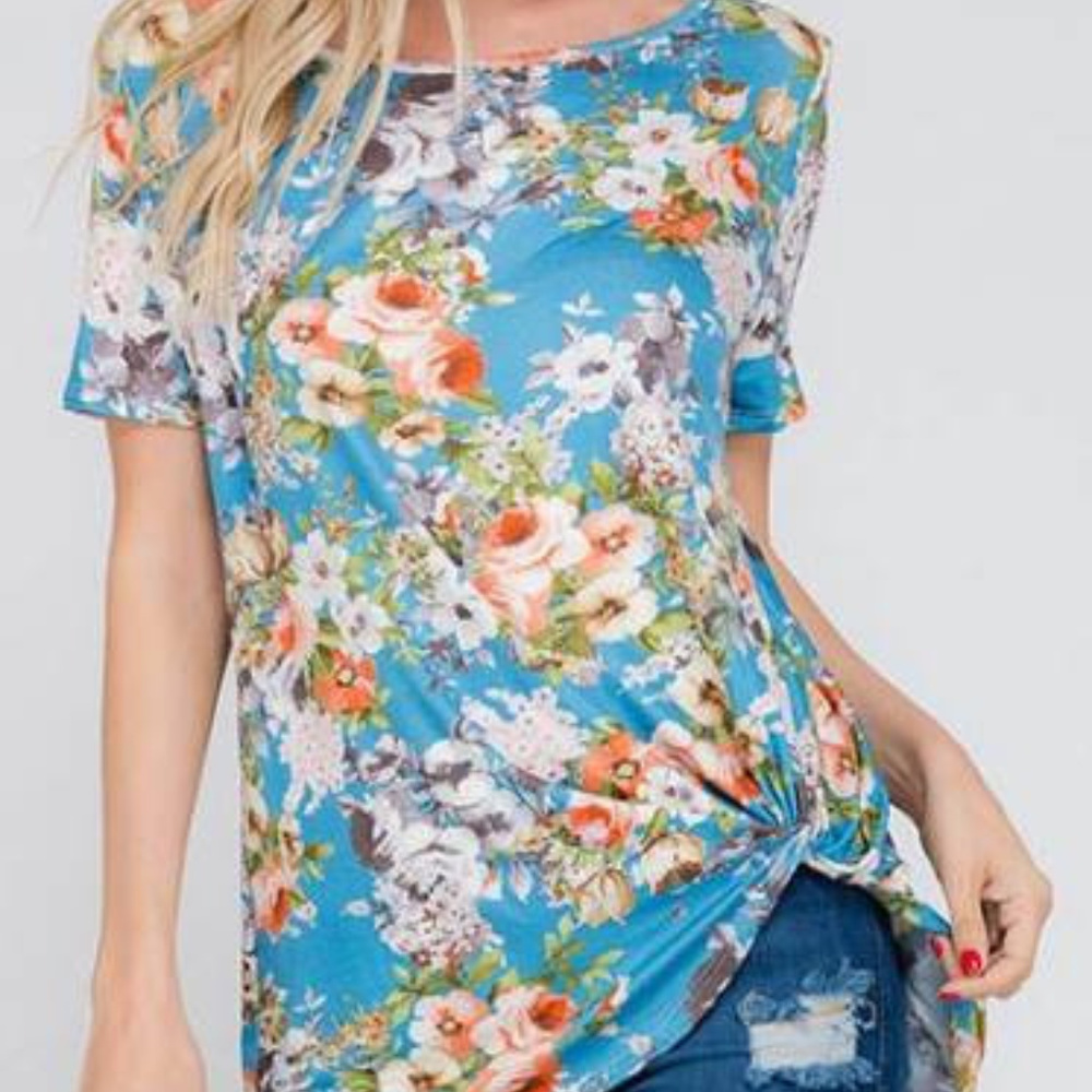 Sky Blue Floral Top with Front Twist
